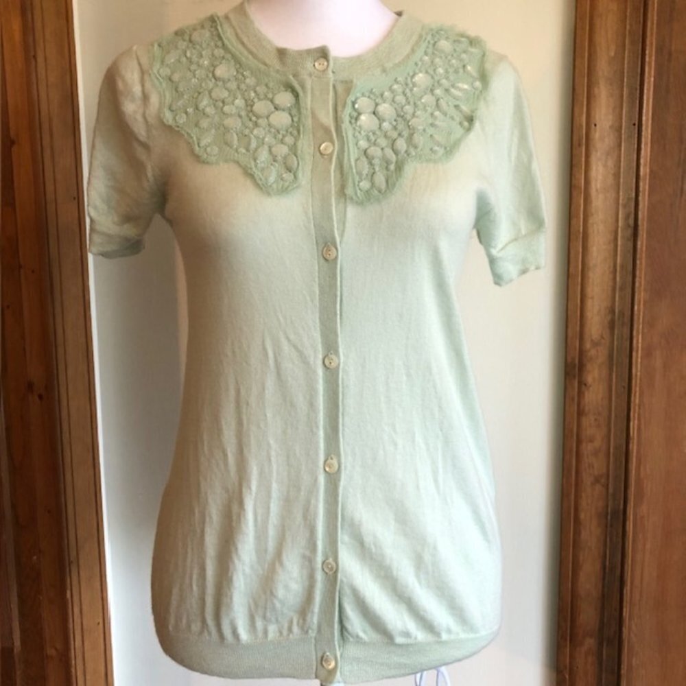 J. CREW Cashmere Light Green Decorative Accent Short Sleeve Cardigan Med…